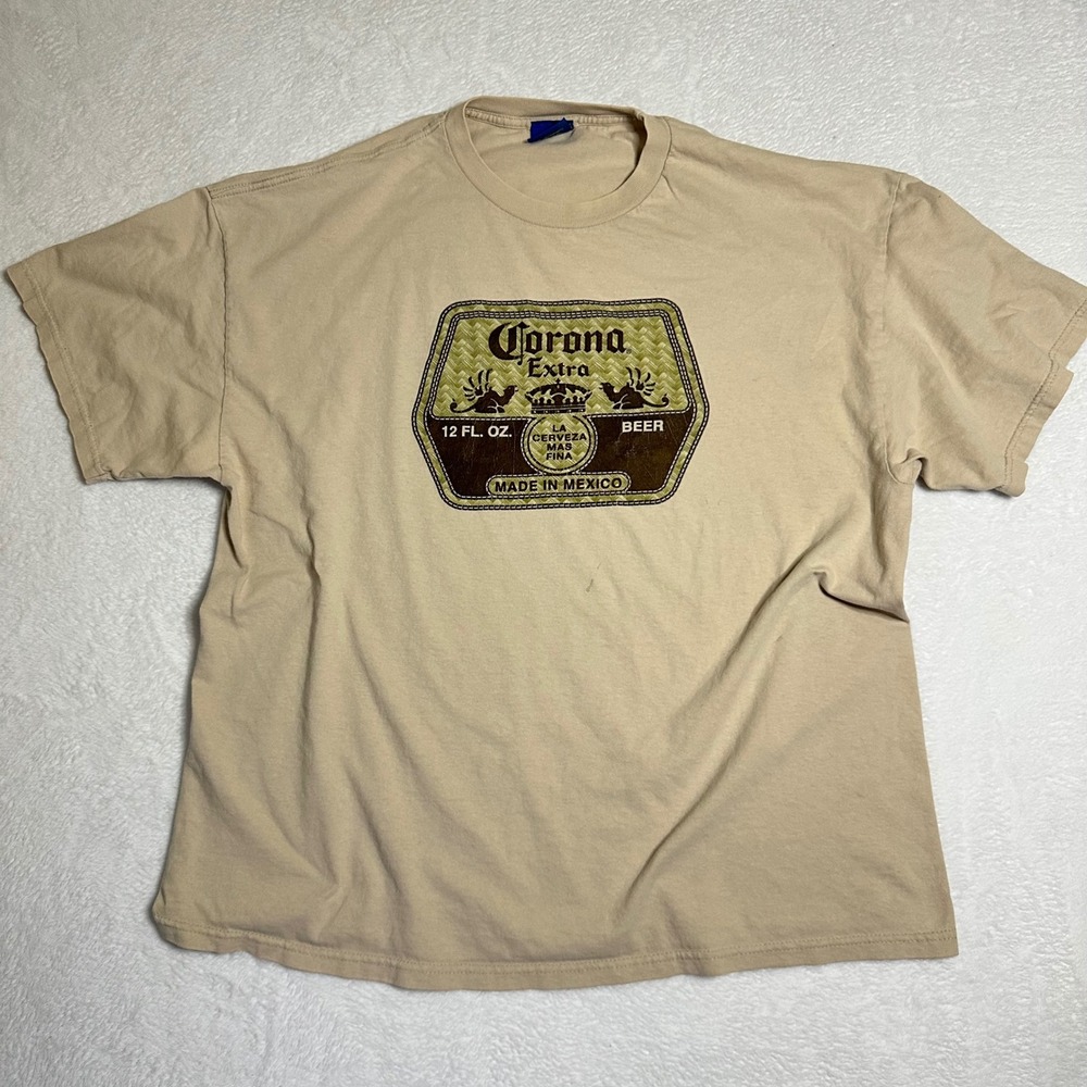Corona Extra Beer Graphic T-Shirt Mens XXL Tan Short Sleeve Beer Label Promo Tee